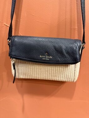 Kate Spade Summer Straw Crossbody Bag Black Leather Trim